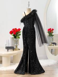 SHEIN 优雅串珠黑色长款礼服，适合婚礼、晚宴、舞会 - 少女 - 黑色 - 查看 1
