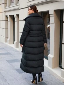 EURMUSE Oversize Belt Detailed Winter Coat - Black - View 3