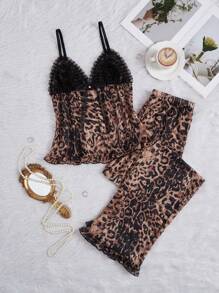Snug Zone 2pcs Set Contrast Ruffle Trim Leopard Print Camisole And Pants Bridallingerie - White - View 1