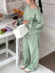 DAZY 2pcs/Set Tween Girl Knit Letter Print Outfit, Fall,Back To School Clothes - Green - View 1