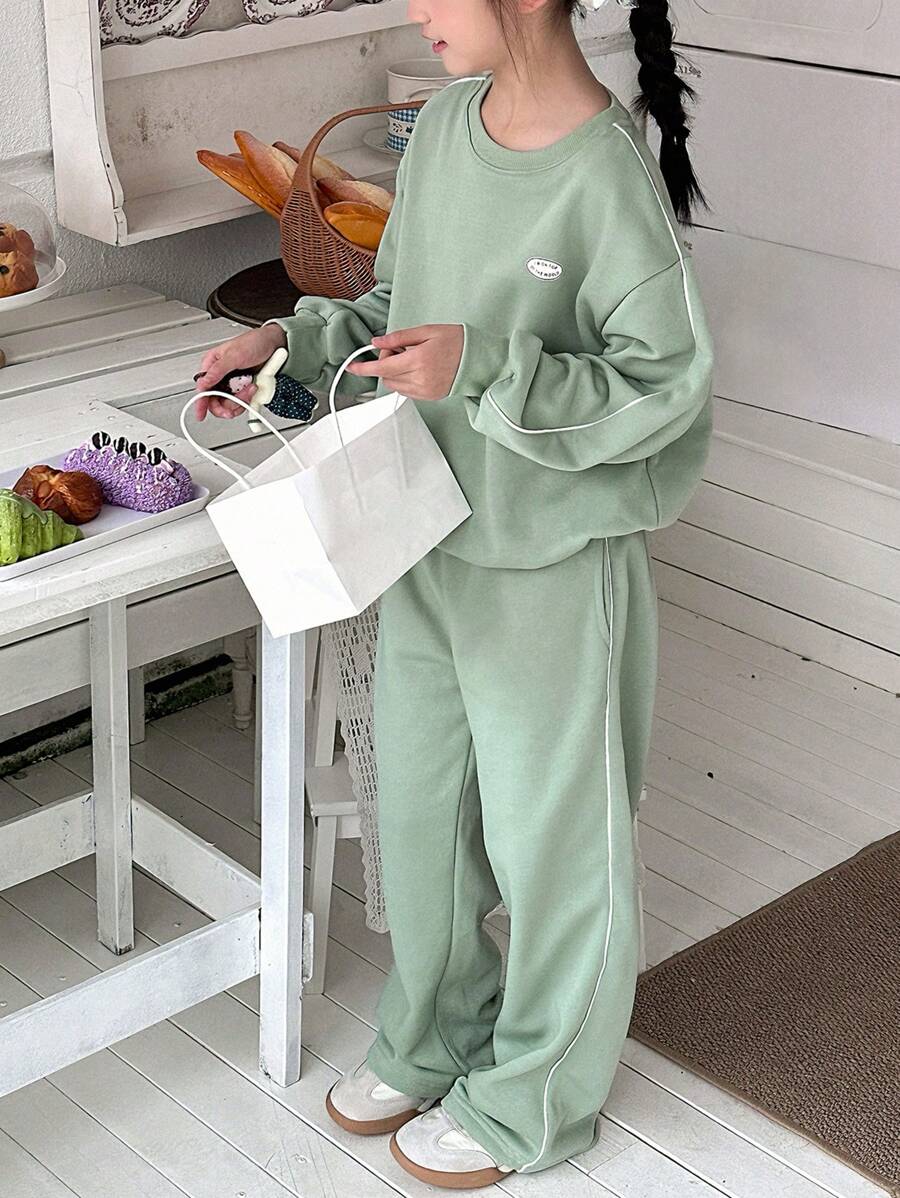 DAZY 2pcs/Set Tween Girl Knit Letter Print Outfit, Fall,Back To School Clothes - Green - View 1