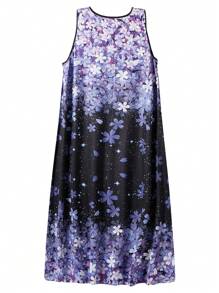 Plus Size Vacation Casual Solid Color Jacket And Floral Print Dress 2-Piece Set - Purple - View 3