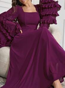 Modelyn Women's Solid Color Square Collar Ruffle Flare Sleeve Long Elegant Arabian Modest Dress Long Evening Dresses - Red Violet - View 4