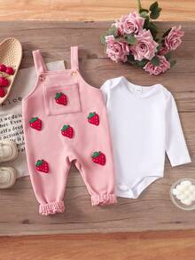 SHEIN Set de ropa de otoño/invierno para bebé niña con patrón 3D de fresa, 2 piezas