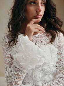 Anewsta Lady-Like Long Sleeve Dress With Lace Patchwork 3D Flower Detail, For Fall/Winter