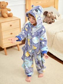 Young Boy Stylish Spaceship Graphic Hooded Warm Fleece Jumpsuit
