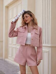 EMERY ROSE Conjunto de 2 piezas de vestir de mujer para otoño con camisa de botones dorados y chaqueta a juego de manga larga con textura y pantalones cortos - Rosa - Ver 3
