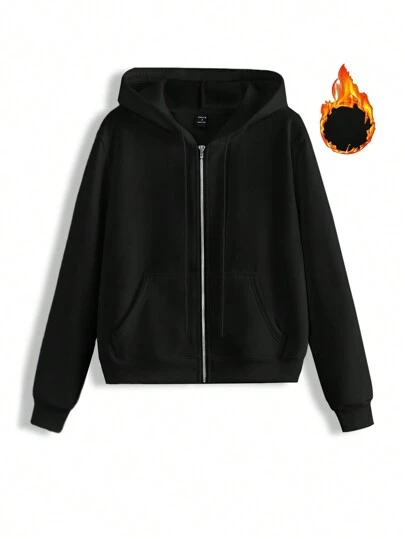 SHEIN Artist Women Black Long Sleeve Zipper Front Pocket Casual Halloween Hooded Sweatshirt, Cotton, Holiday, Winter, Vacation, Festival