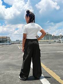 SHEIN Girlism Tween Girl Ribbed Ruched Short Sleeve Tee With Patch Pocket Casual Pants 2-Piece Set - Black - View 2