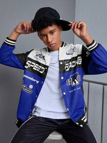 SHEIN 青少年男童休闲拼接撞色棒球夹克，赛车标志印花长袖罗纹腰带运动外套 - 寶藍色 - 查看 3