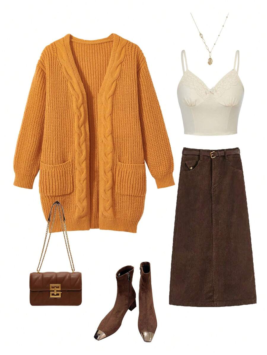 SHEIN Tween Girl Ginger Color Orange Long Cardigan,Casual Loose Knitted Soft Sweater For Autumn,Back-To-School,Sunday,Daily Wear,School,Outings & Party - Ginger - View 1