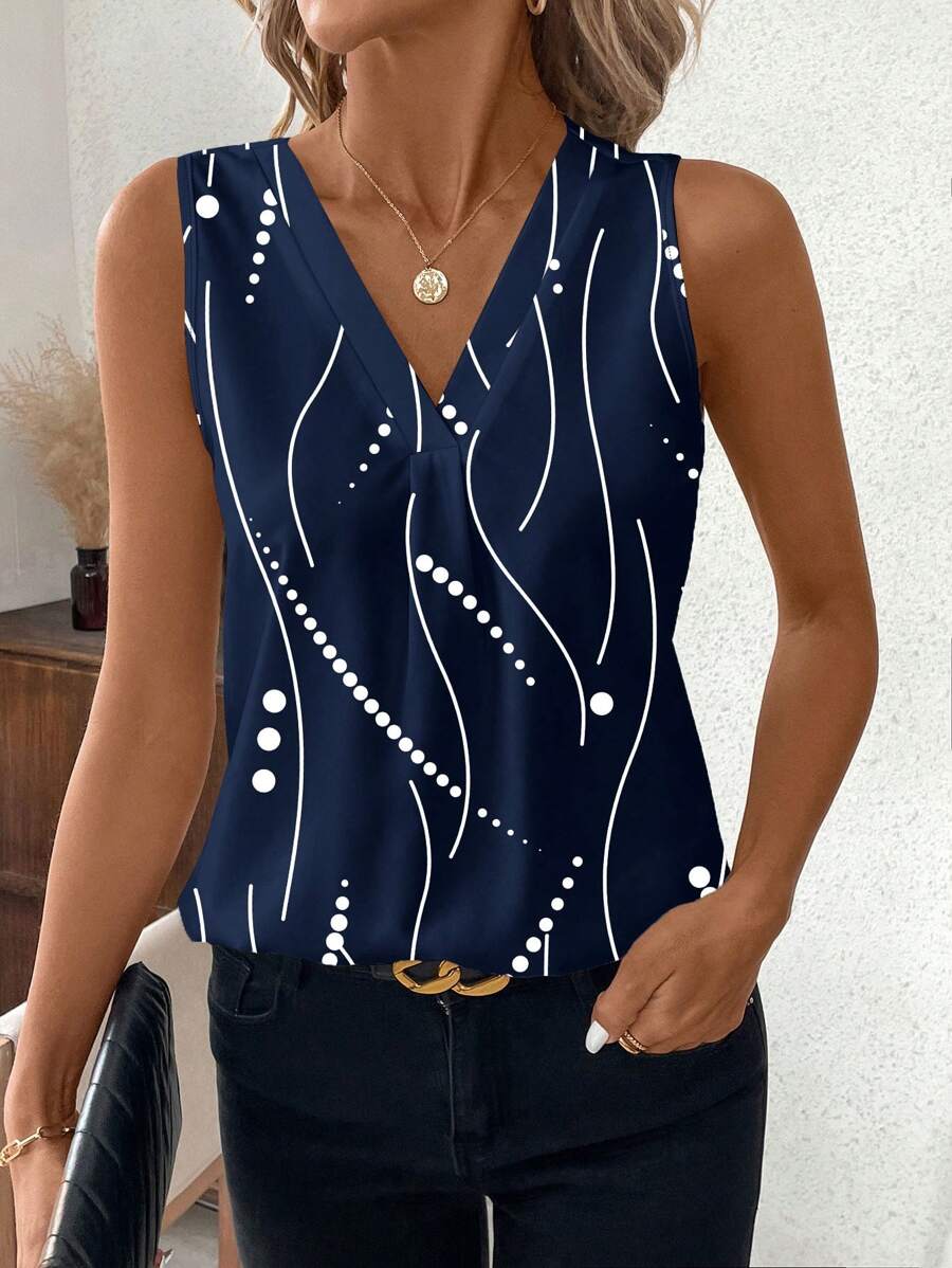 SHEIN Clasi 休闲优雅女式 V 领无袖圆点图案衬衫，适合夏季工作和日常穿着 - 藏蓝色 - 查看 1