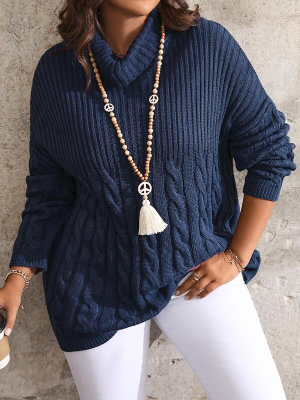 EMERY ROSE Jersey casual de cuello alto de manga larga de unicolor para mujer de talla grande