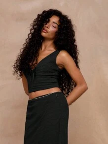 MUSERA Áo kiểu dáng rộng rãi, cổ chữ V, buộc dây phía trước, thích hợp cho kỳ nghỉ xuân hè, hoặc các dịp lễ hội, du lịch. - màu đen - Xem 4