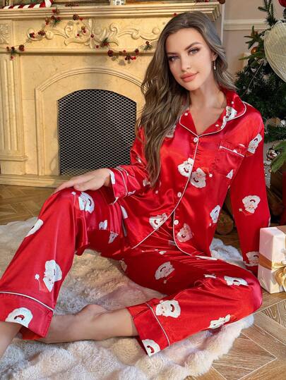 CoupledUp Santa Claus Print Faux Silk Long Sleeve Top & Pants Pajama Set For Women, For Christmas, Fall Winter Clothes