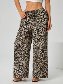 SHEIN PETITE High-Waisted Leopard Print & Black Solid Color Wide-Leg Trousers Two-Piece - Multicolor - View 5