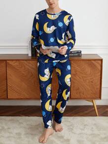 男士全印花圆领长袖上衣和长裤休闲家居服套装 - 彩色 - 查看 7