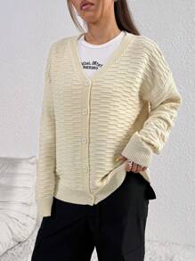 SHEIN Unity 女士 V 领纽扣长袖休闲精致优雅开衫 - 杏色 - 查看 6