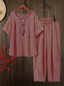 大码女式格子圆领短袖上衣和裤子 2 件套 - 紅色 - 查看 1