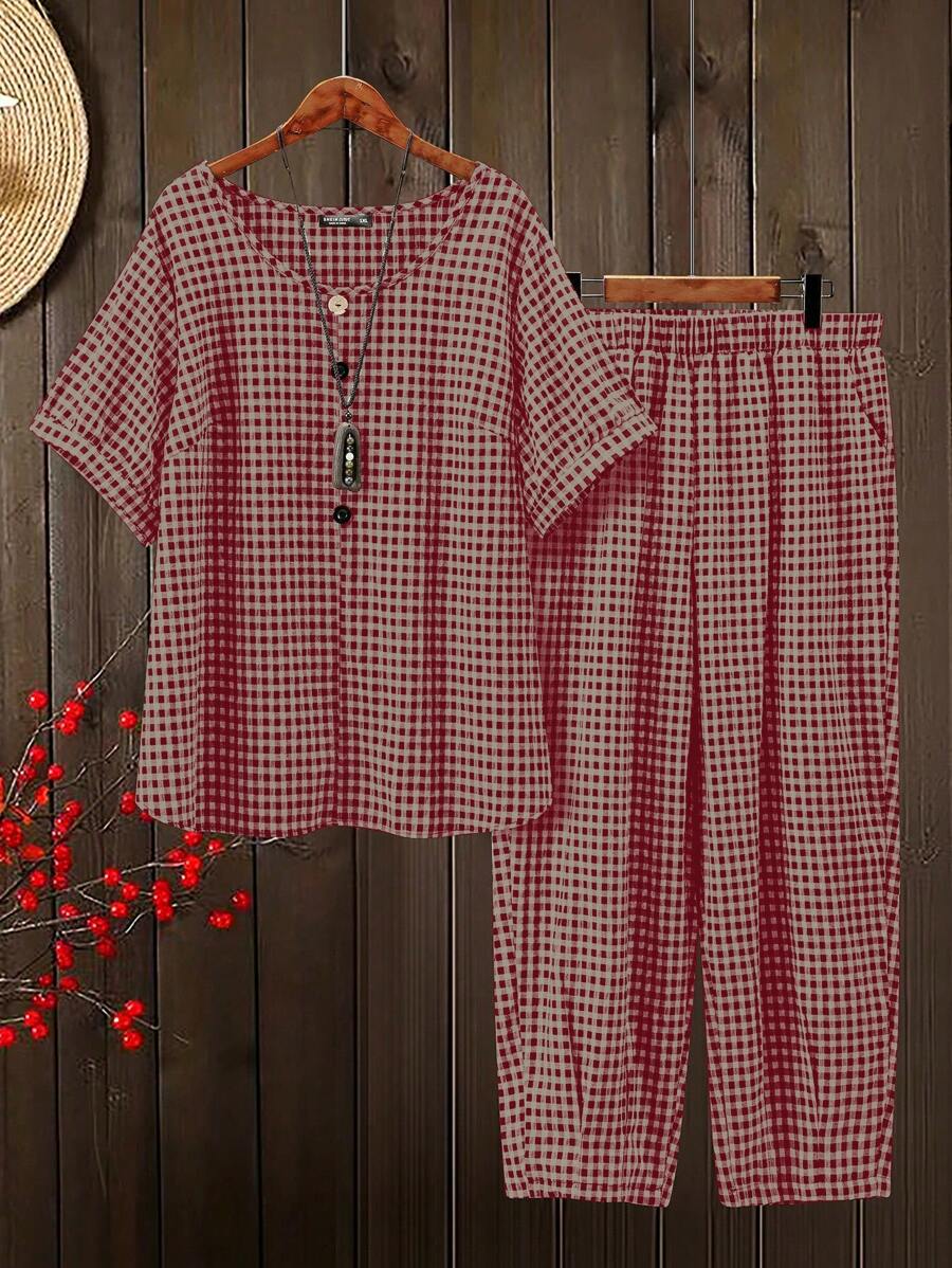 大码女式格子圆领短袖上衣和裤子 2 件套 - 紅色 - 查看 1