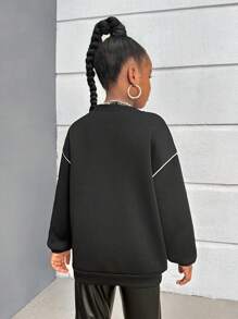 SHEIN Tween Girls Casual Party Rhinestone Embellished Crewneck Thermal Lined Sweatshirt - Black - View 2