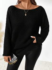 SHEIN LUNE Áo len dài tay màu trơn cỡ lớn dành cho nữ, áo len dệt kim mùa thu/đông. - màu đen - Xem 8