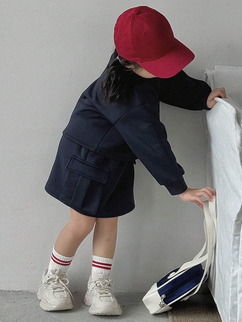 2pcs/Set Girls Young Girl Solid Color Knitted Fleece Crew Neck Outfit, Fall,Winter