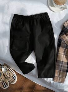 SHEIN 2 件套幼儿格子翻领长袖衬衫和休闲裤套装，男婴服装 - 黑色 - 查看 5