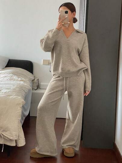 Livesso 2 件套女士纯色落肩毛衣和阔腿针织裤休闲宽松装秋季衣服