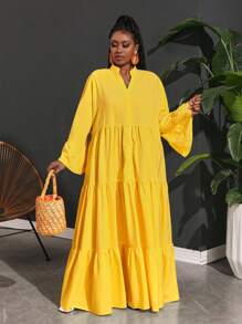 Slaydiva 大码女士度假休闲宽松飘逸 A 字形连衣裙 - 芥末黃 - 查看 5