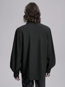 ROMWE MEN Goth 1 Áo sơ mi nam tay dài cài nút phía trước màu trơn, mùa thu - màu đen - Xem 5