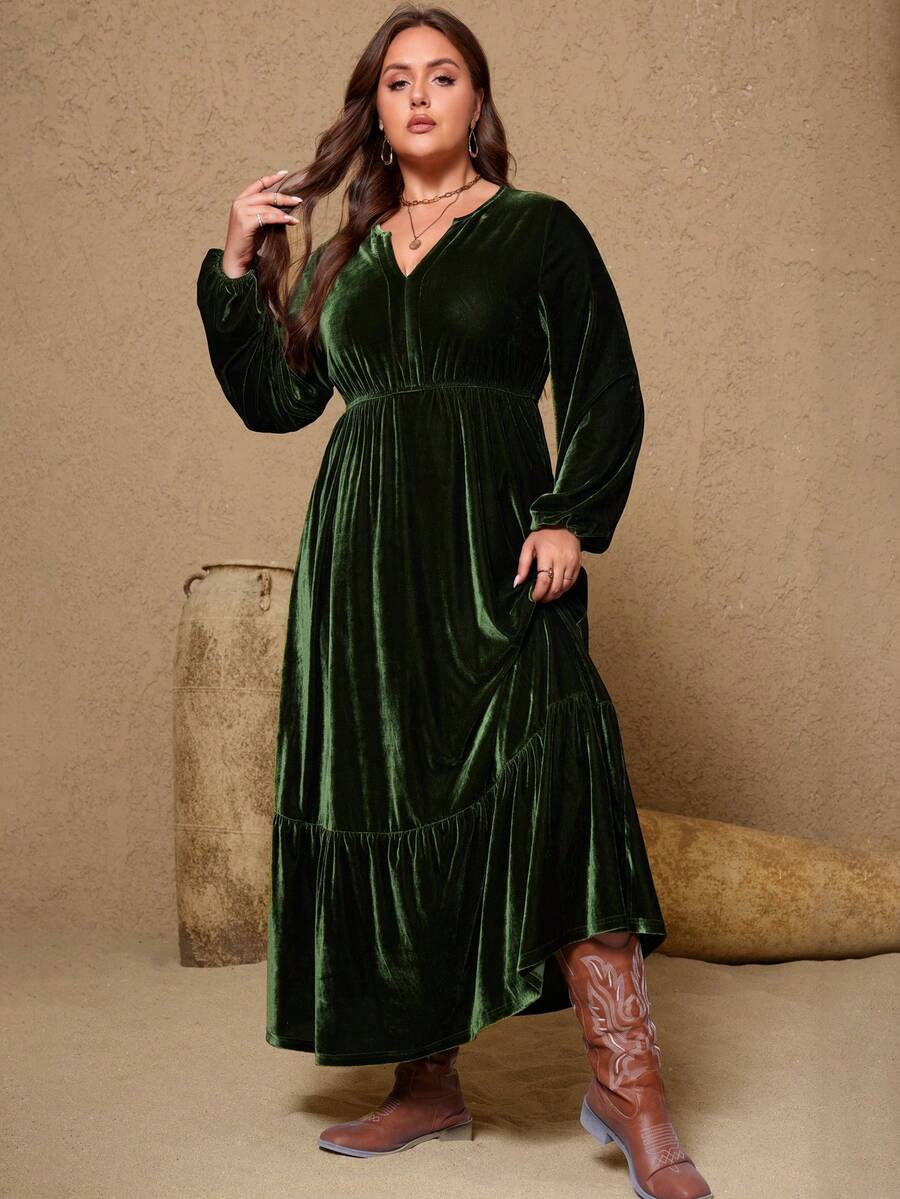 Váy chữ A cổ chữ V nhung cỡ lớn dành cho nữ - màu xanh lá - Xem 1