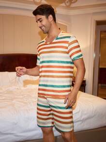 CoupledUp Multicolor Striped Print Short Sleeve Shorts Men Pajama Set - Multicolor - View 5