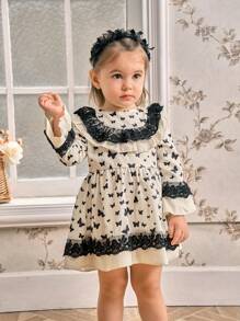 SHEIN Vestido de manga larga con estampado de mariposas, ribete de encaje floral vintage elegante para bebé niña, primavera y otoño - Negro - Ver 7