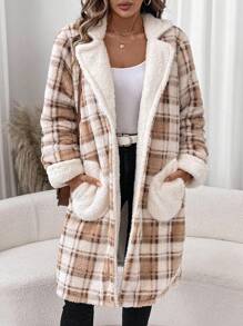 SHEIN LUNE Women's Regular Plaid Fleece Long Jacket For Autumn & Winter