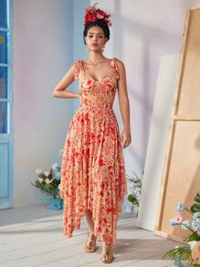 Frida Kahlo X SHEIN X Designer RAUL OROZCO Boho Bohemian Floral Printed Knot Strap Bustier Cami Bodysuit, Holiday, Vacation, Spring & Summer, Festival - Red - View 3