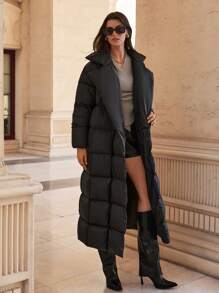 EURMUSE High Very Long Quilted Warm Padded Winter Coat - Black - View 7
