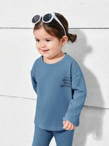 SHEIN Baby Girl Cute Knitted Letter Print Long Sleeve Top And Elastic Waist Pants Set - Blue - View 6