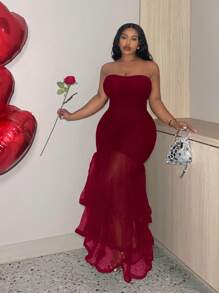 Veslaya Plus Size - Sexy Valentine's Day Mesh Patchwork Ruffle Dress, Prom Dress & Date Night Outfit - Burgundy - View 1