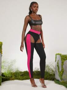 evoluSHEIN X Anitta Spagnelli Designer Color-Blocked Hollow Out Buckle Leggings, Holiday, Thanksgiving, Festival - Black - View 4