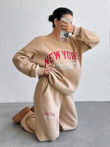 SHEIN Cottnline Cotton Casual, Text Print, Easy To Style, Simple, Daily Wear, Sweatshirt & Sweatpants 2pcs Set - Beige - View 3