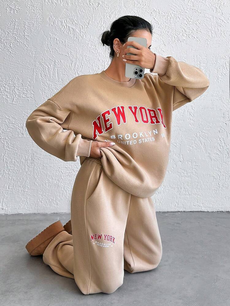 SHEIN Cottnline Cotton Casual, Text Print, Easy To Style, Simple, Daily Wear, Sweatshirt & Sweatpants 2pcs Set - Beige - View 3