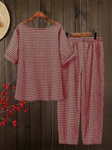 大码女式格子圆领短袖上衣和裤子 2 件套 - 紅色 - 查看 2