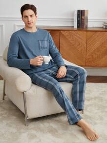 Men 2pcs Set: Crew Neck Long Sleeve Top Top And Plaid Design Fashionable Pants, Casual Pajama Set, Fall Winter Clothes - Baby Blue - View 2