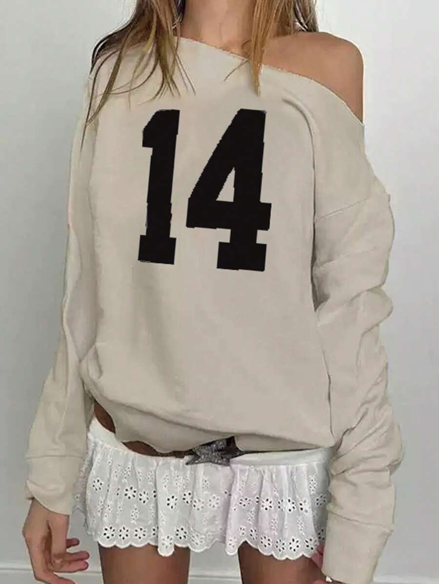 INAWLY 女士休闲插肩袖数字印花运动衫，日常穿着 - 杏色 - 查看 1