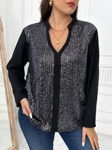 SHEIN LUNE Plus Size Solid Color Sequin Decorated Long Sleeve Casual Shirt