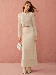 Enchnt 秋冬纯色圆领长袖上衣和中长裙两件套优雅女士优雅装束，秋季两件套，秋冬女装 - 杏色 - 查看 7