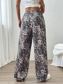 SHEIN EZwear Quần ống rộng ống loe họa tiết chữ và da báo cho nữ - Màu Khaki - Xem 2