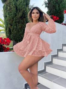 SHEIN SXY 女式 V 领纯色分层长袖连体裤性感波西米亚风生日单身派对女装夏季度假海滩波西米亚风度假装女装