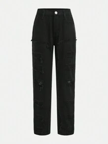 Jeans dritti con orlo sfrangiato e rovinato, in stile casual da strada Y2K, colore nero tinta unita, per ragazze adolescenti - nero - Visualizzare 5